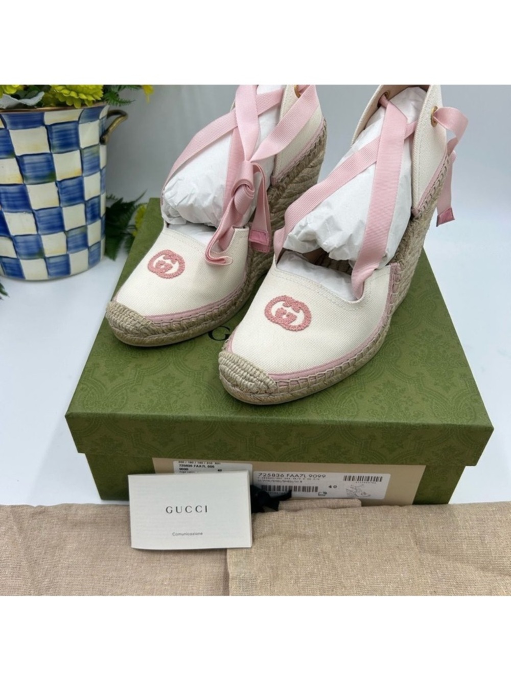 Women’s Gucci white/pink wedge ESPADRILLES size 40 made in Spain - Picture 3 of 9